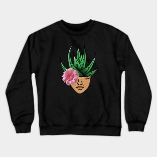 Aloe Plant on a Surreal Human Face, Wearing a Pink Gerber Daisy Eyepatch. Crewneck Sweatshirt